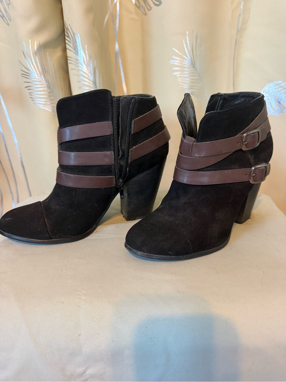 Black Suede Ankle Booties with Brown Strap Detail
